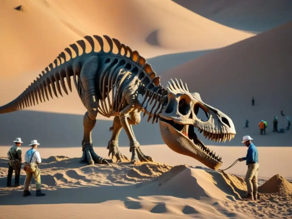 Excavación de fósil: Descubriendo el pasado de un dinosaurio Emocionante descubrimiento de un esqueleto de dinosaurio en el desierto, revelando misterios prehistóricos