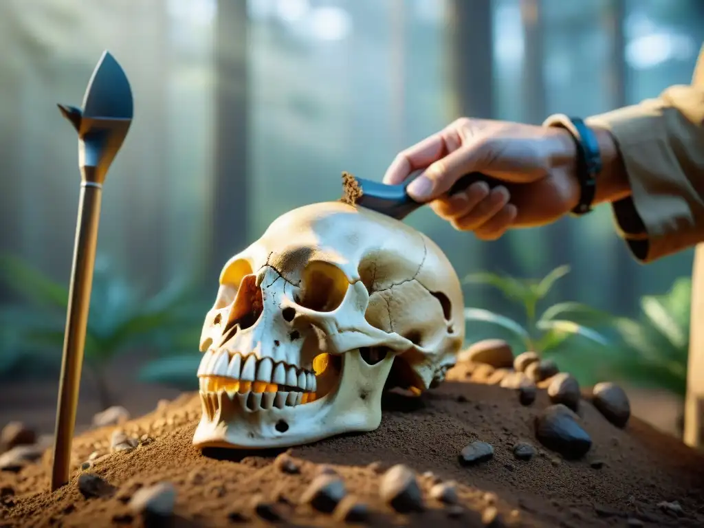 Descubrimiento paleontológico: excavando un cráneo de dinosaurio Emocionante descubrimiento: un paleontólogo desenterrando un cráneo de dinosaurio, con luz dorada filtrándose entre los árboles