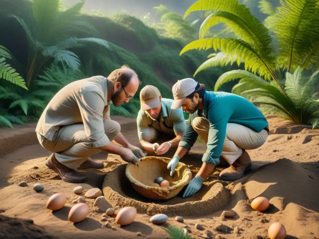Excavación de nido de dinosaurios: descubriendo huevos fosilizados Emocionante descubrimiento de paleontólogos desenterrando nido de dinosaurios con huevos perfectamente conservados