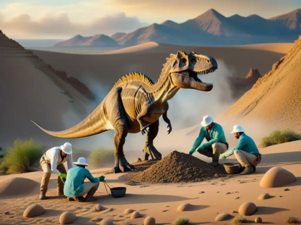 Excavación de fósil de dinosaurio revela misterios prehistóricos Emocionante escena de paleontólogos excavando fósil de dinosaurio en el desierto