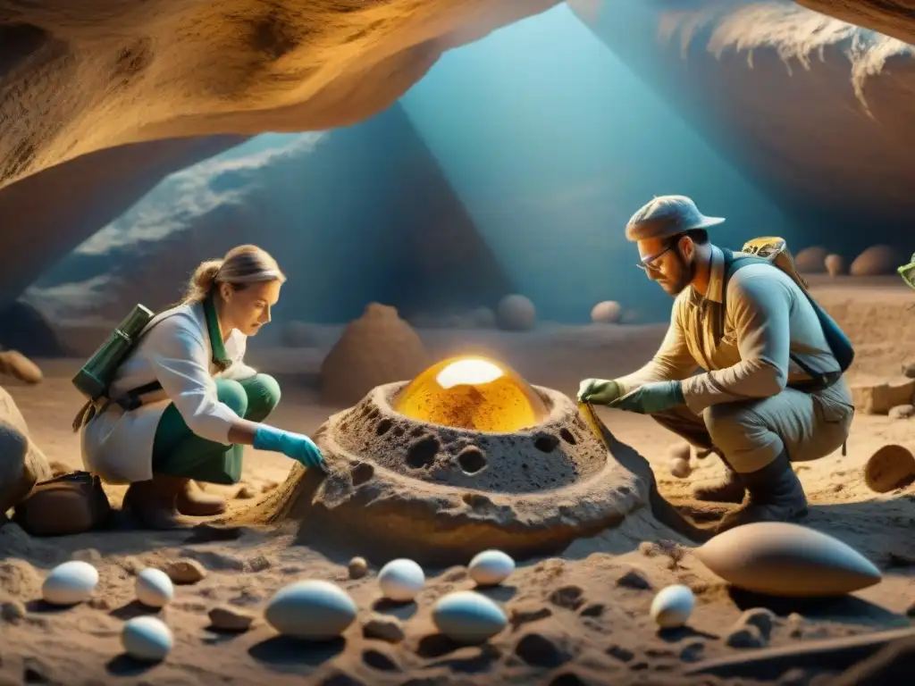 Excavación experta de nido de dinosaurios: descubrimientos asombrosos Emocionante escena de paleontólogos excavando nido de dinosaurios, resaltando misterios reproducción dinosaurios cultura popular