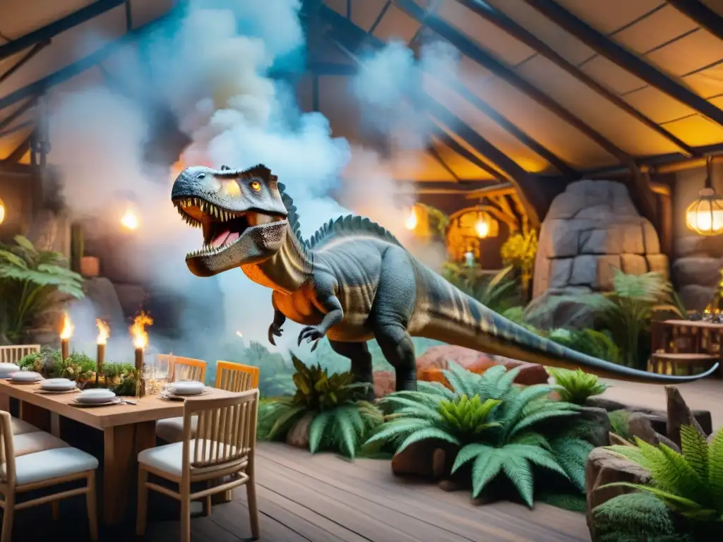 Experiencia gastronómica entre dinosaurios animatrónicos en parque temático Un emocionante escenario de comida prehistórica en parques con dinosaurios animatrónicos y familias disfrutando en un ambiente único
