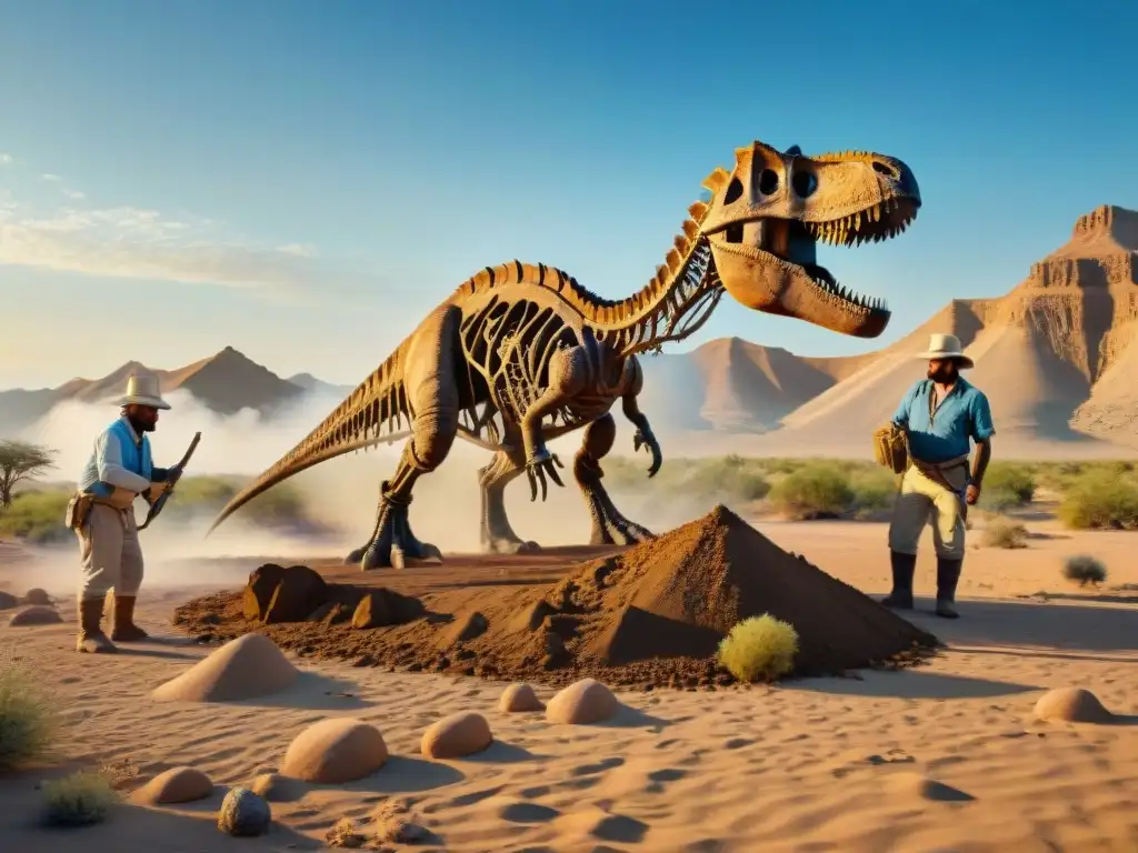 Excavación de fósiles de dinosaurios en desierto remoto Emocionante excavación de fósil de dinosaurio por paleontólogos en el desierto