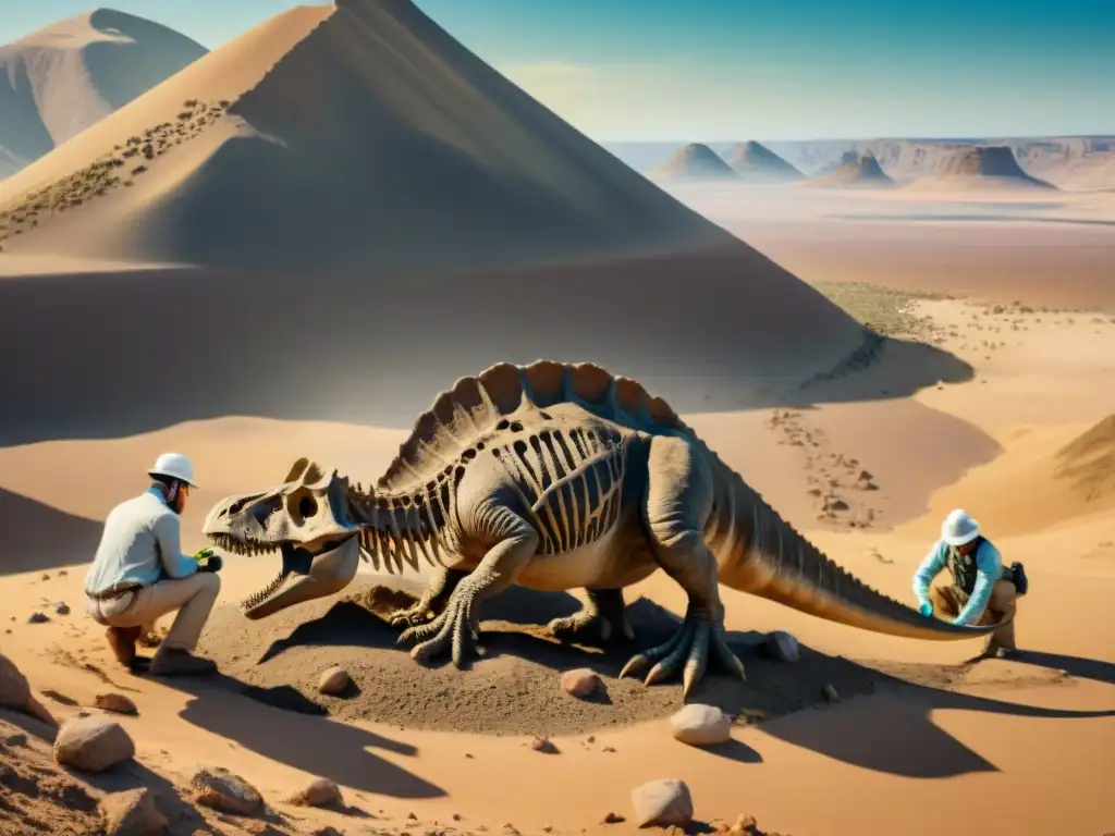 Emocionante excavación de fósil de dinosaurio por paleontólogos en desierto rocoso