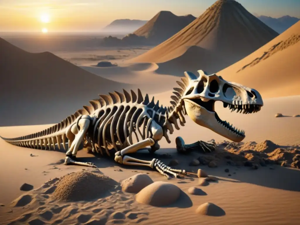 Emocionante excavación de esqueleto de Lesothosaurus al atardecer en desierto