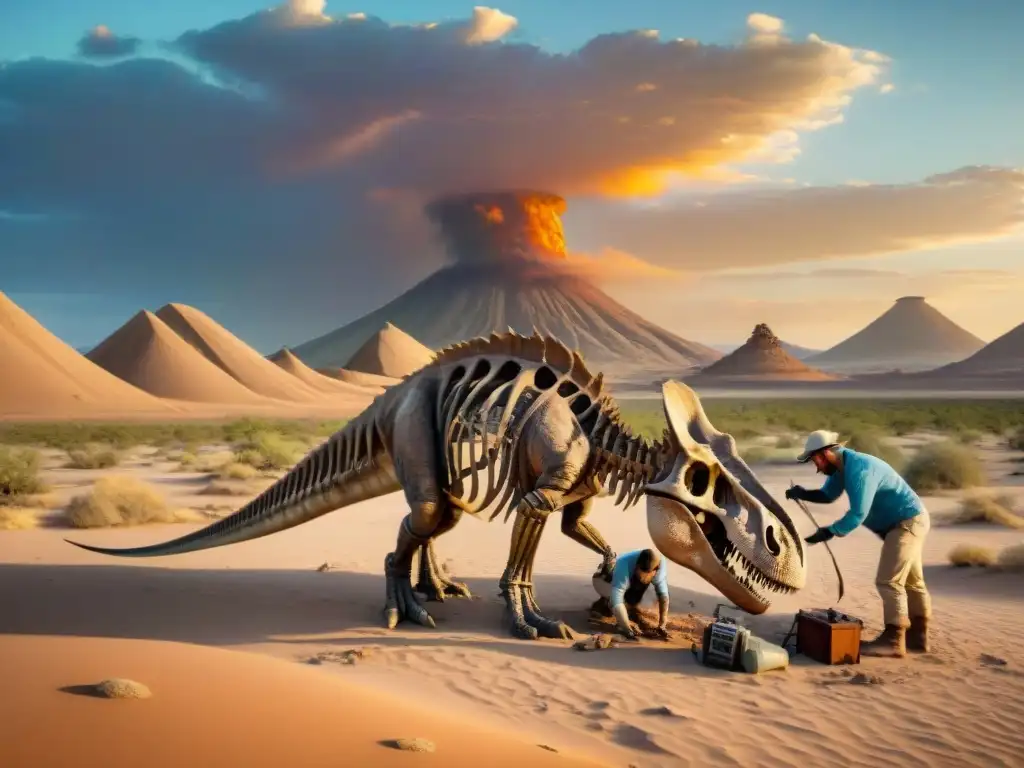 Excavación detallada de fósiles de dinosaurios al atardecer Emocionante excavación de fósiles de dinosaurios en un desierto al atardecer