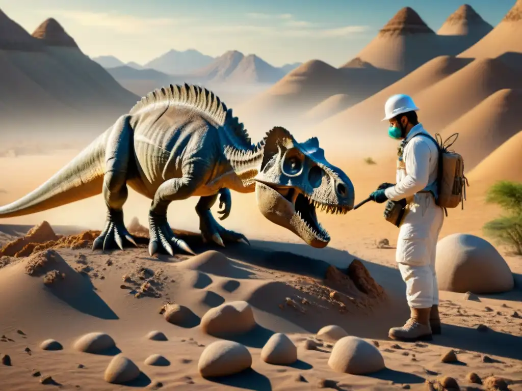 Excavación paleontológica: Descubriendo secretos prehistóricos Emocionante excavación paleontológica en desierto: paleontólogo descubre fósil de dinosaurio entre huesos parcialmente expuestos