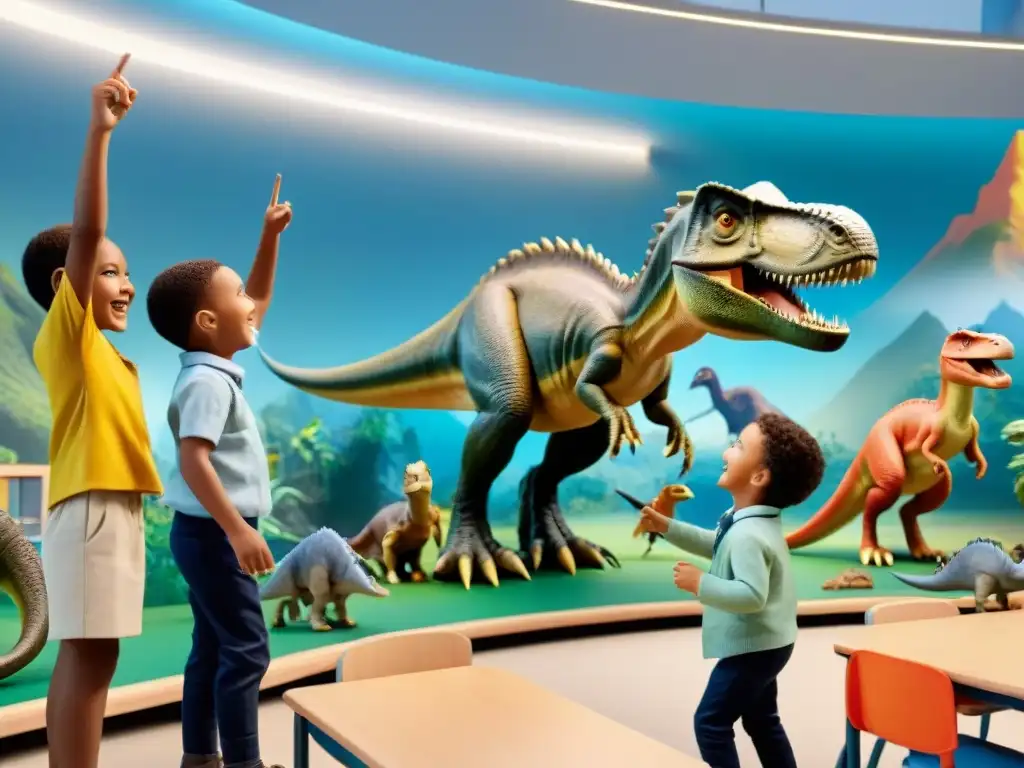 Niños emocionados jugando con dinosaurios realistas en aula educativa Un emocionante grupo de niños juega con figuras de dinosaurios realistas en un aula educativa