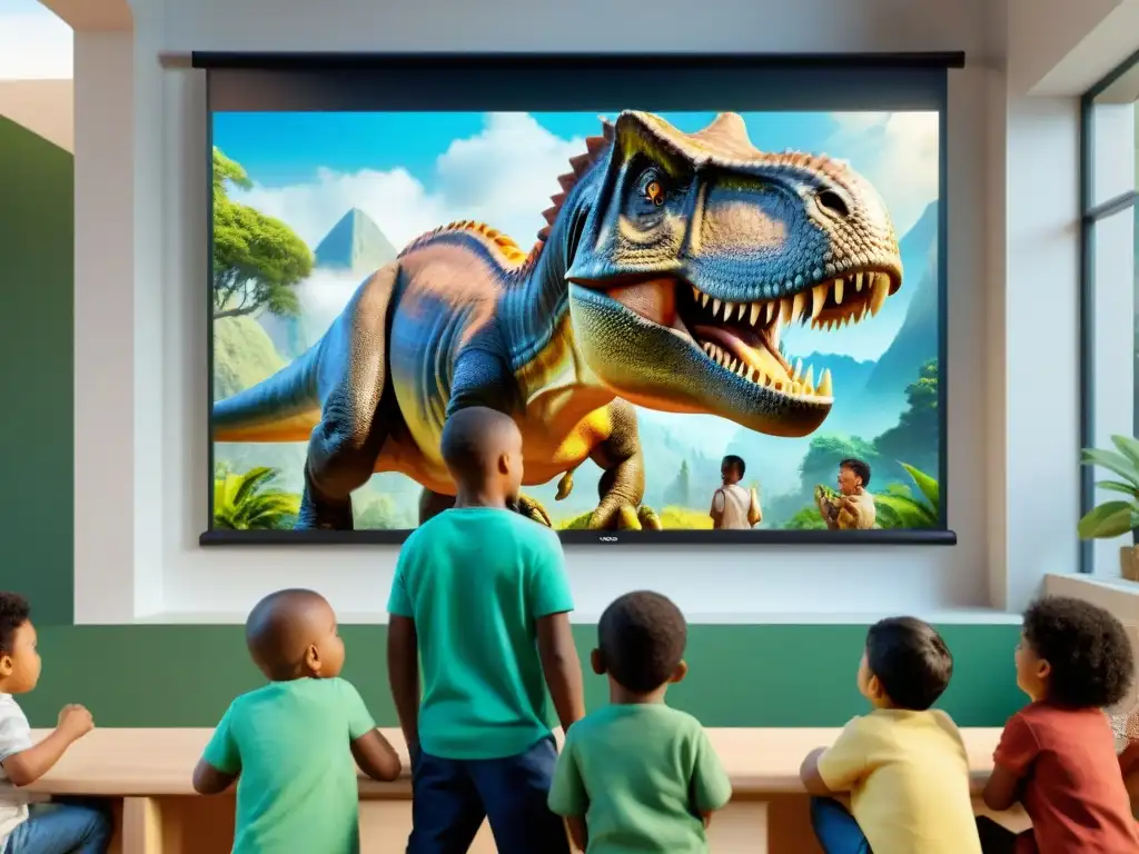 Interacción educativa: niños fascinados por dinosaurios en pantalla Un emocionante grupo de niños interactúa con una app de dinosaurios en una pantalla gigante en un aula moderna