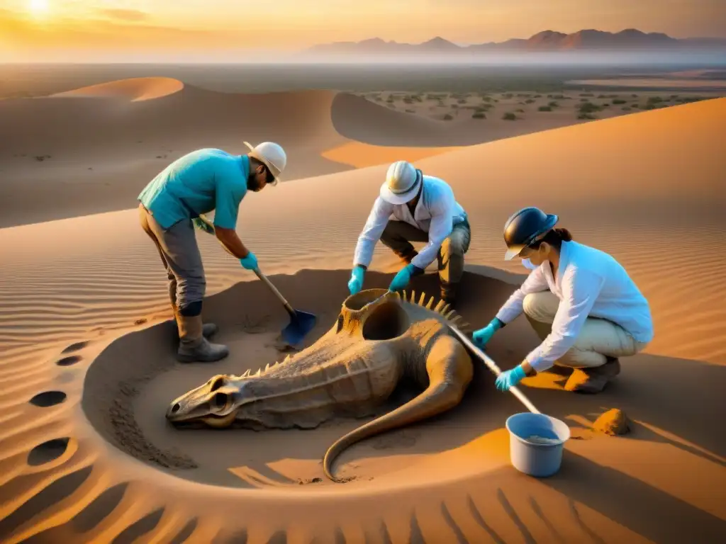 Excavación detallada de Haplocheirus por paleontólogos en Asia Emocionante hallazgo fósil: equipo de paleontólogos excavando un Haplocheirus en un desierto de Asia al atardecer