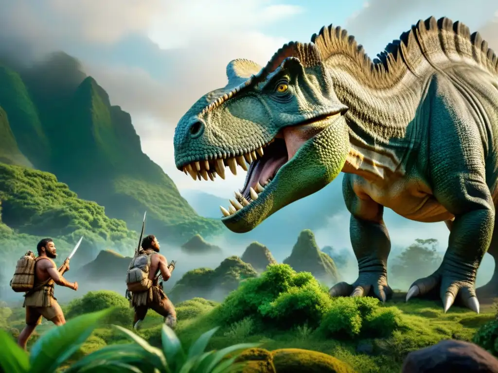 Encuentro prehistórico: humanos y dinosaurio Emocionante intersección humanos dinosaurios cine: humanos primitivos admirando majestuoso dinosaurio en paisaje prehistórico exuberante