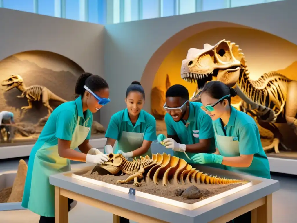 Descubre el pasado: emocionante taller de paleontología para niños Un emocionante taller de paleontología en un centro educativo lleno de esqueletos de dinosaurios