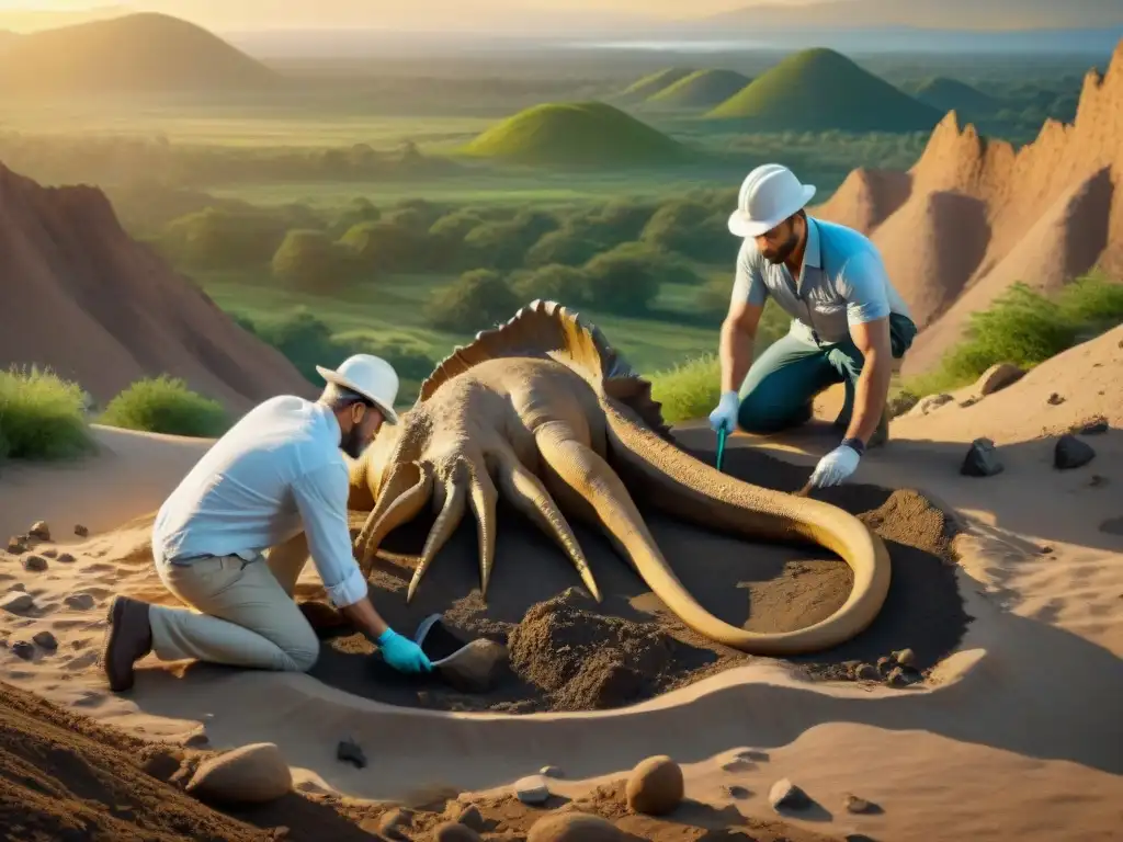 Excavación de fósil de dinosaurio: descubrimiento en 8k Emocionante exploración virtual de paleontólogos descubriendo fósil de dinosaurio en paisaje prehistórico
