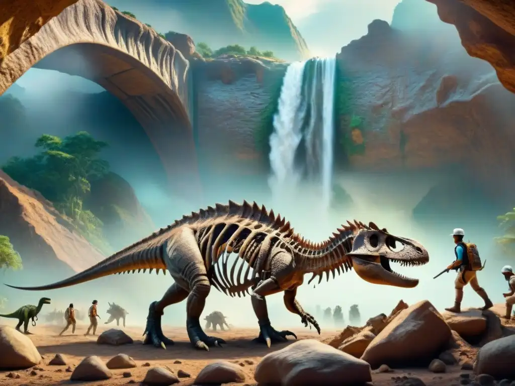 Descubriendo secretos: Equipo de paleontólogos estudia fósil de dinosaurio Emotiva escena de descubrimiento de fósiles de dinosaurios, con paleontólogos estudiando en capas geológicas