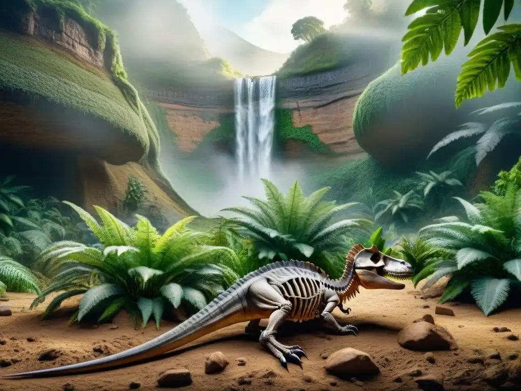 Descubrimiento sorprendente: fósiles de dinosaurio y mamífero entrelazados Emotiva escena de excavación de fósiles revelando la conexión evolutiva entre dinosaurios y mamíferos en un paisaje prehistórico exuberante