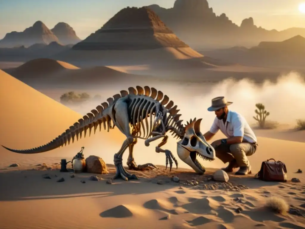 Excavación detallada de fósil de dinosaurio al atardecer Emotiva escena: paleontólogo excavando fósil de dinosaurio al atardecer en el desierto