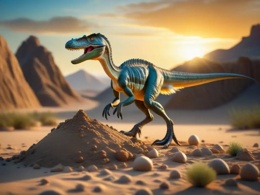 Excavación de fósil de Troodon al atardecer: detalle excepcional Emotiva escena de paleontólogos excavando un fósil de Troodon al atardecer