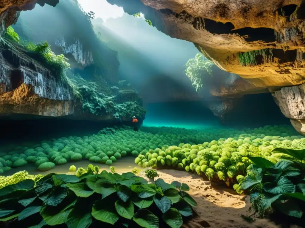 Misteriosa entrada a cueva prehistórica en Vietnam Entrada misteriosa de cueva prehistórica en Vietnam, con formaciones de piedra y vegetación exuberante
