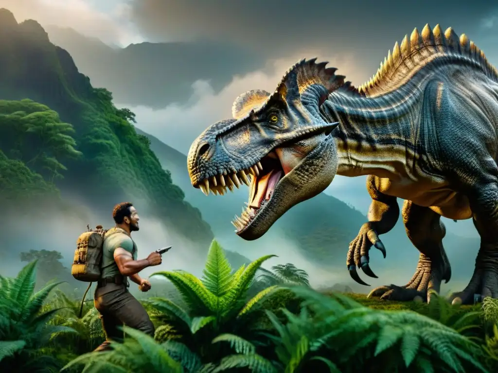 Batalla épica de dinosaurios: T-Rex vs Triceratops Épica batalla entre depredadores en la era de los dinosaurios: un T-Rex desafiando a un Triceratops en un paisaje prehistórico