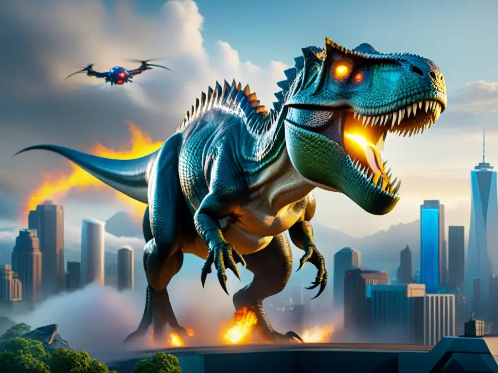 ¡Batalla épica: Superhéroes vs Épica batalla de dinosaurios en series de superhéroes en la ciudad futurista
