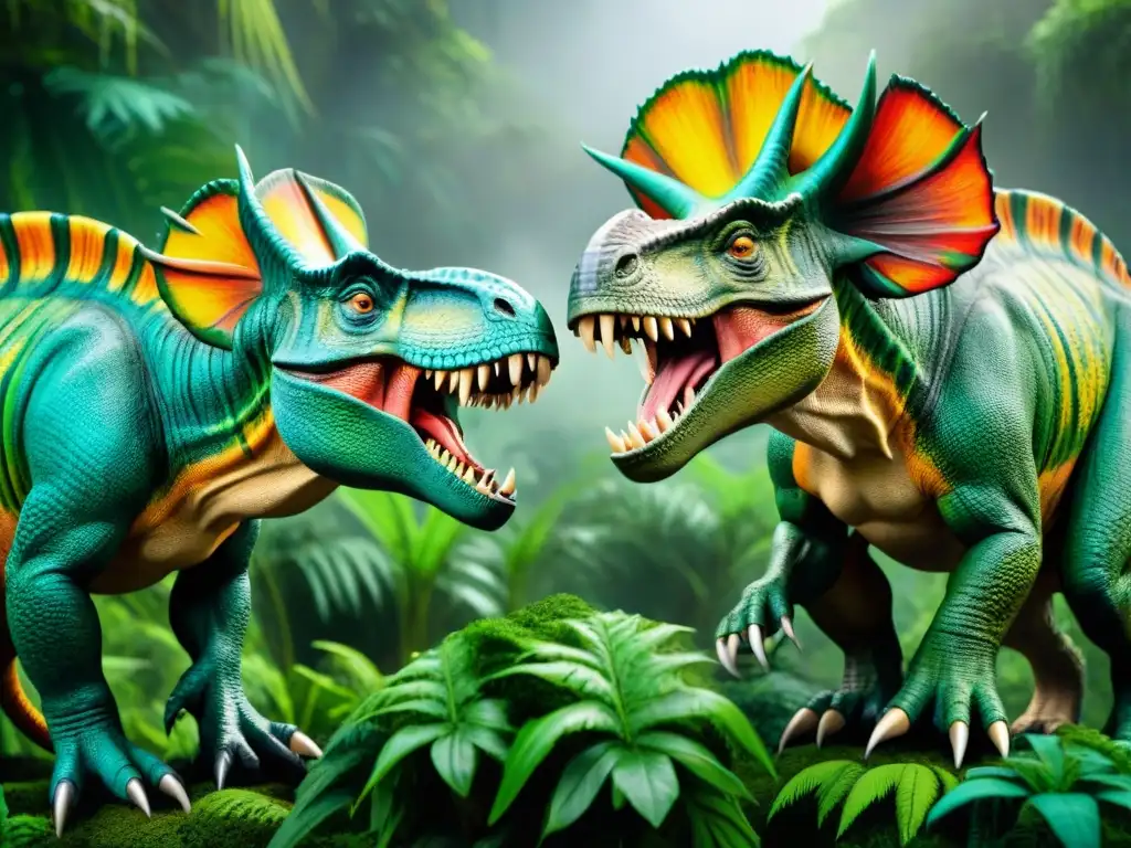 Batalla épica: TRex vs Triceratops en la jungla prehistórica Épica batalla entre un TRex y un Triceratops en la jungla prehistórica, detallada novela gráfica de dinosaurios