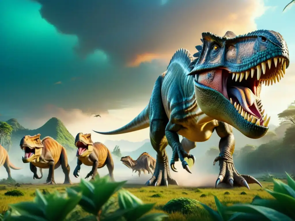 Encuentro épico: Tiranosauro vs Triceratops en paisaje prehistórico Épico enfrentamiento entre un feroz T