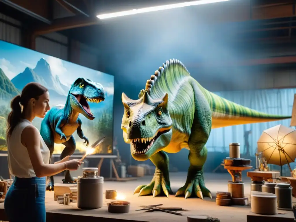 Arte en acción: Creación de dinosaurio animatrónico Equipo de artistas de efectos especiales creando un animatrónico de dinosaurio en un taller iluminado, mostrando pasión y dedicación
