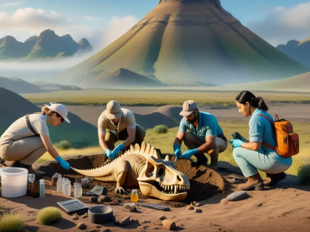 Excavación de fósil de dinosaurio: descubrimiento en 8k Equipo de ciencia ciudadana paleontológica interactiva excavando fósil de dinosaurio bajo cálido sol en paisaje vasto y rugoso