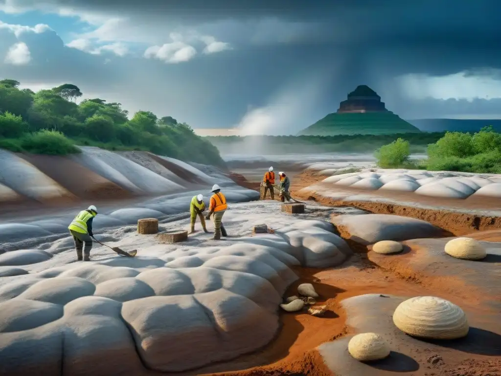 Protegiendo fósiles prehistóricos de la lluvia ácida Equipo científico protegiendo fósiles prehistóricos de deterioro por lluvia ácida en excavación