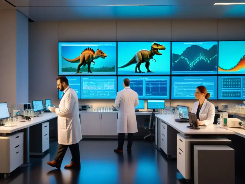 Equipo de científicos secuenciando ADN de dinosaurios en laboratorio Equipo de científicos analizando ADN de dinosaurios en laboratorio de última generación