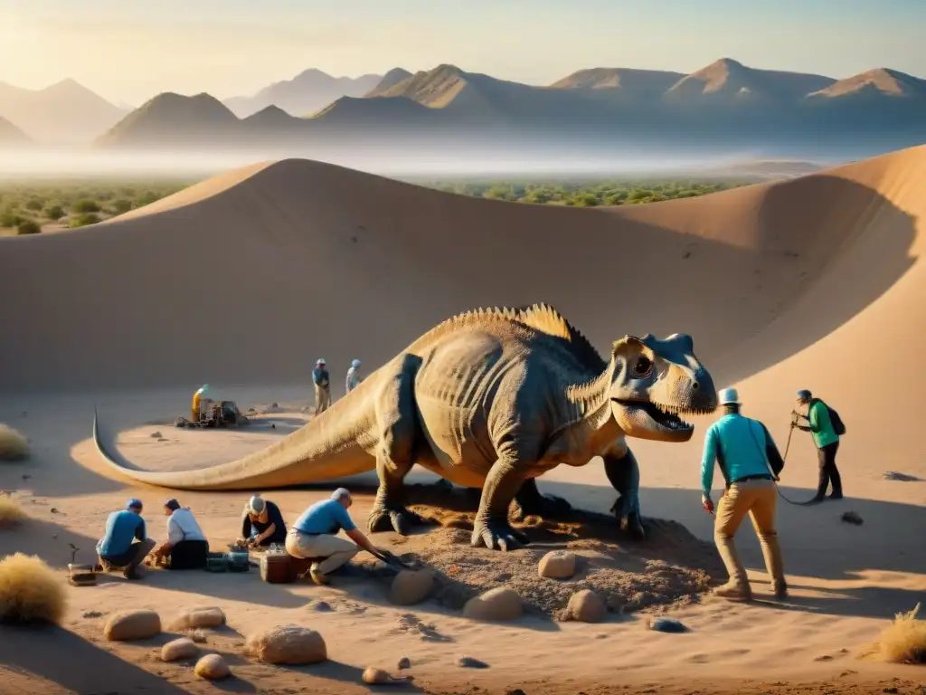 Excavación paleontológica: Detalles de un fósil de dinosaurio revelados por voluntarios entusiastas en alta resolución Un equipo de científicos ciudadanos excavando un fósil de dinosaurio con meticulosidad en un yacimiento paleontológico