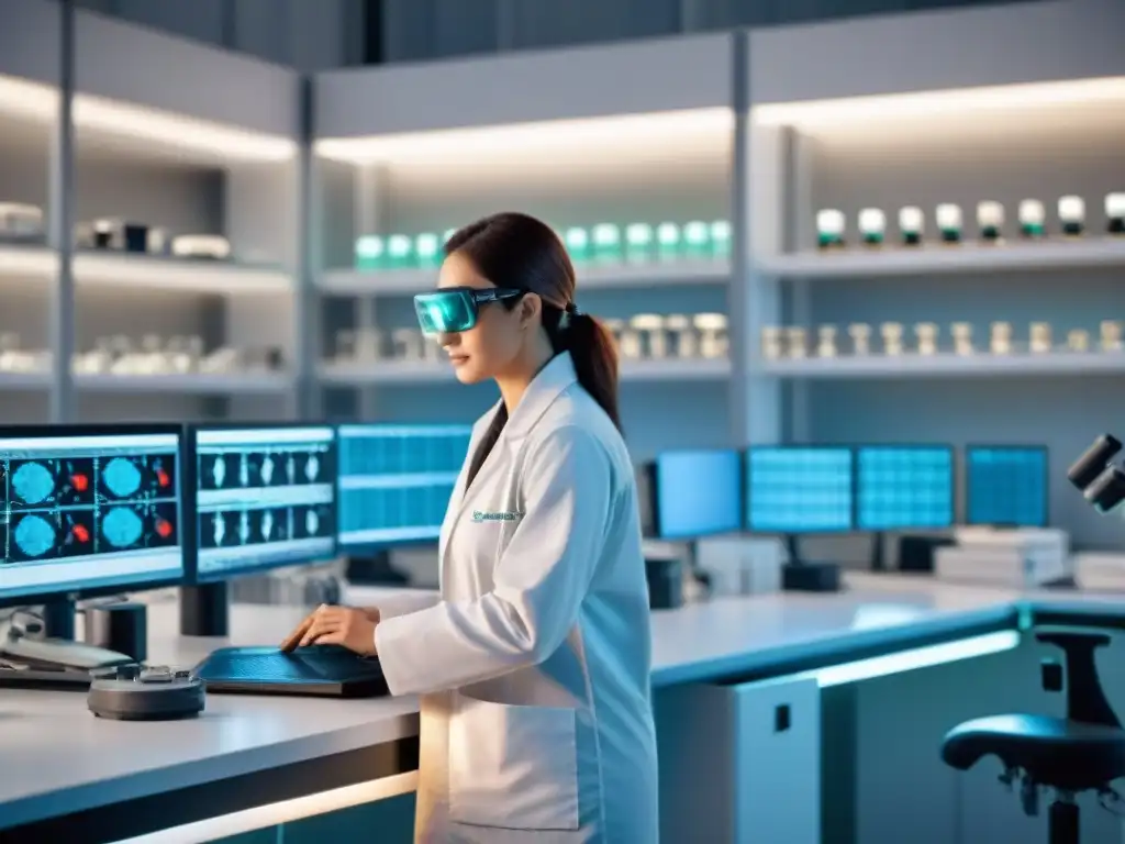 Extracción de ADN de dinosaurios: laboratorio de alta tecnología Equipo de científicos trabajando en clonación de ADN de dinosaurios en laboratorio de alta tecnología