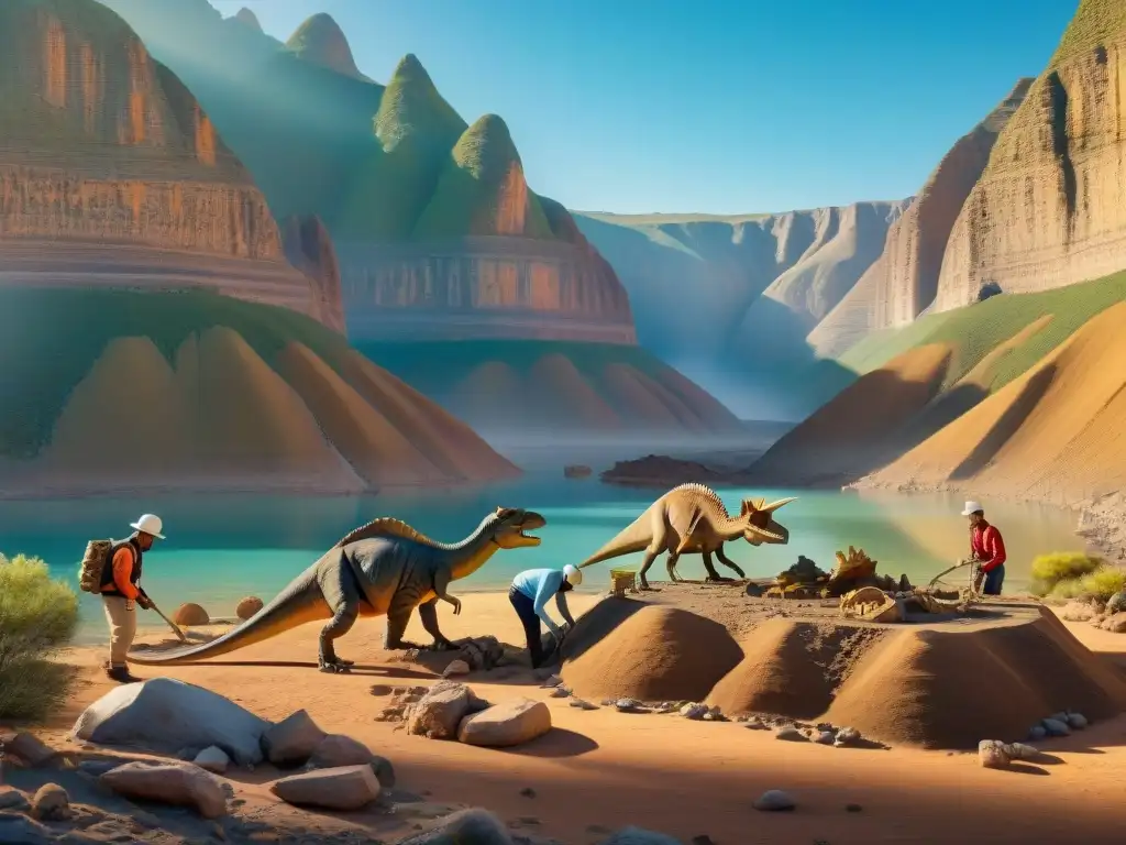 Excavación paleontológica: descubriendo fósiles de dinosaurios deformes Un equipo de científicos desenterrando huesos deformes en dinosaurios en un vibrante y detallado yacimiento arqueológico
