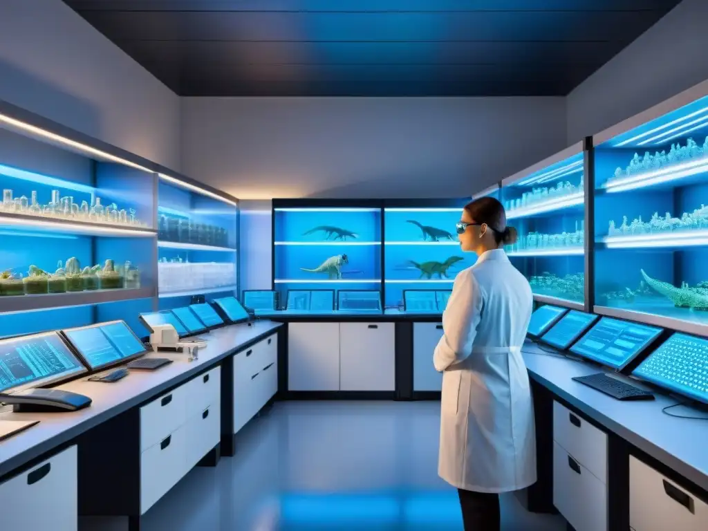 Experimento de clonación de ADN de dinosaurios en laboratorio de vanguardia Un equipo de científicos en un laboratorio de vanguardia, rodeados de equipos de secuenciación genética y pantallas con ADN de dinosaurios