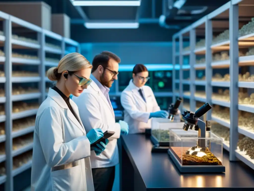 Equipo de científicos analizando muestras de rocas en laboratorio Equipo de científicos analizando muestras de rocas en laboratorio para descifrar causas de la extinción de los dinosaurios