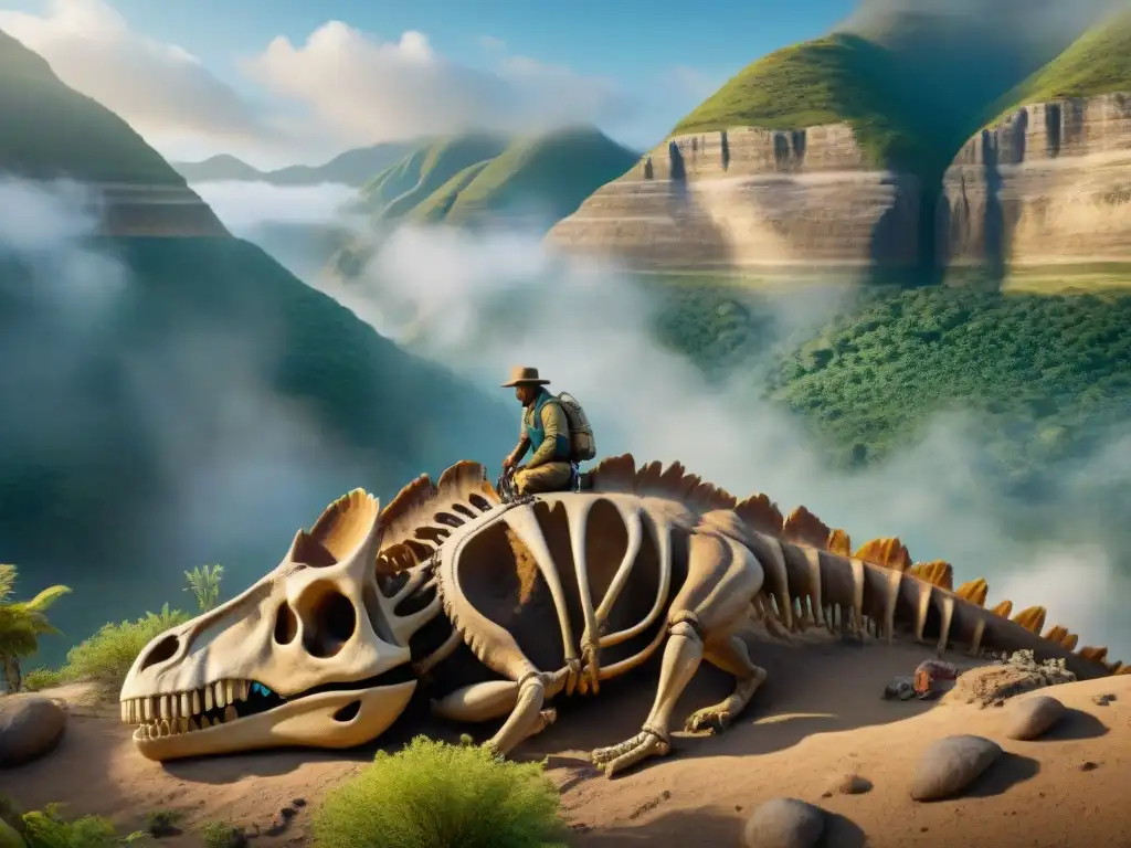 Excavación de fósil de dinosaurio: descubrimiento en paisaje prehistórico Un equipo de conservacionistas descubre un esqueleto de dinosaurio en un paisaje prehistórico