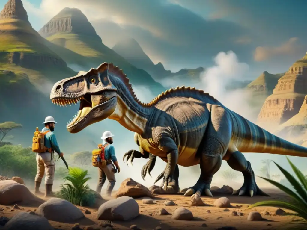 Excavación paleontológica: pasión y precisión en la conservación Equipo de conservacionistas desenterrando fósiles de dinosaurios en un paisaje prehistórico, mostrando dedicación y pasión