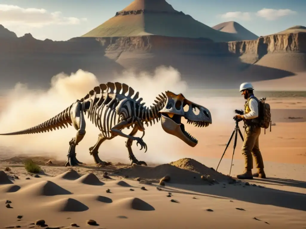 Excavación paleontológica: Descubrimiento en el desierto Un equipo de paleontólogos excava con cuidado un esqueleto de dinosaurio en un árido desierto, en Expediciones paleontológicas en desiertos remotos