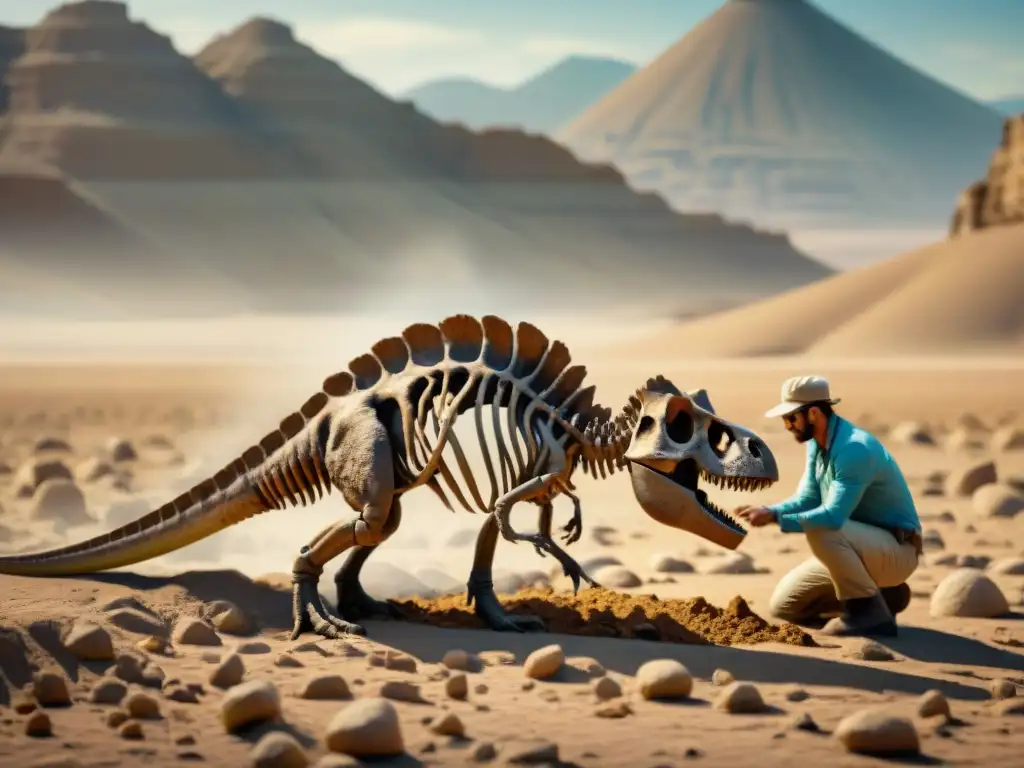 Un equipo de paleontólogos excava con cuidado un esqueleto de dinosaurio en un paisaje desértico rocoso al atardecer