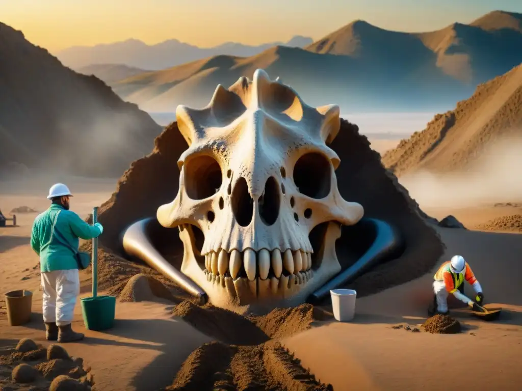 Excavación de dinosaurios al atardecer: detallando el pasado prehistórico Un equipo de paleontólogos excava con cuidado un esqueleto masivo de dinosaurio al atardecer