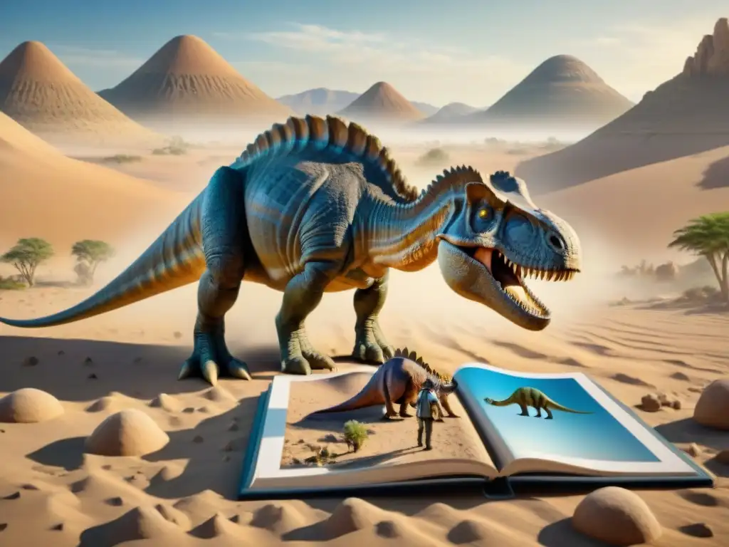 Equipo de paleontólogos desentrañando huellas de dinosaurio en el desierto Un equipo de paleontólogos reconstruye el andar de los dinosaurios recreado en huellas fósiles en un desierto soleado
