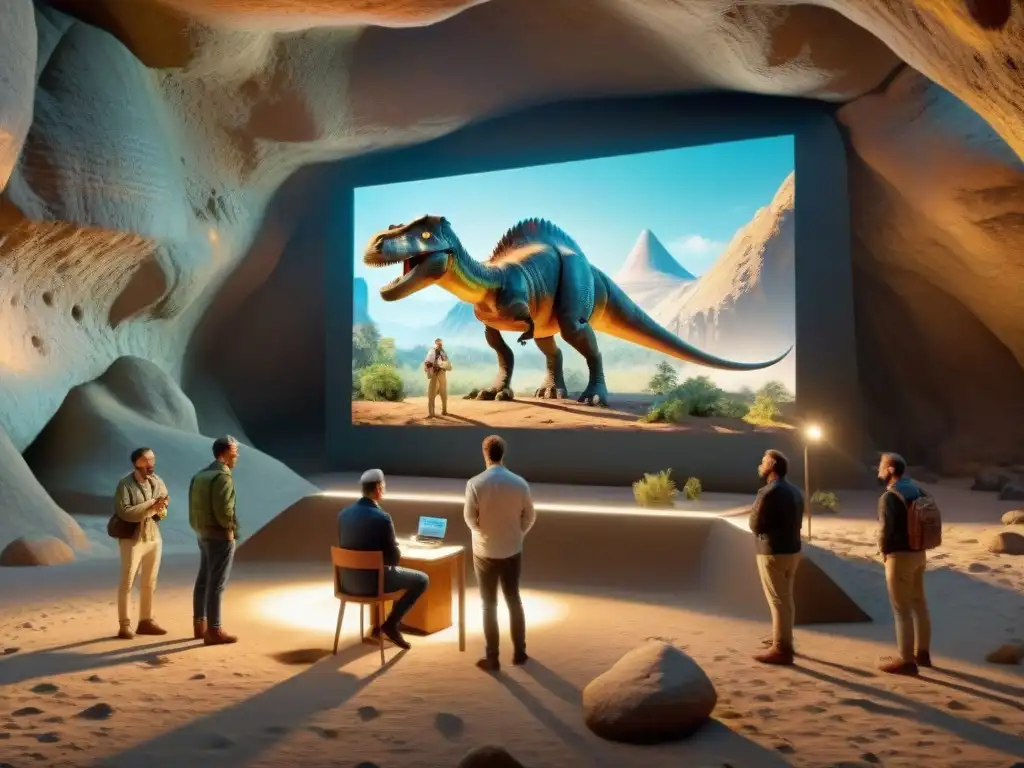 Equipo de paleontólogos desentrañando la huella de un dinosaurio Equipo de paleontólogos reconstruyendo el andar de los dinosaurios recreado en pantalla, entre notas y bocetos