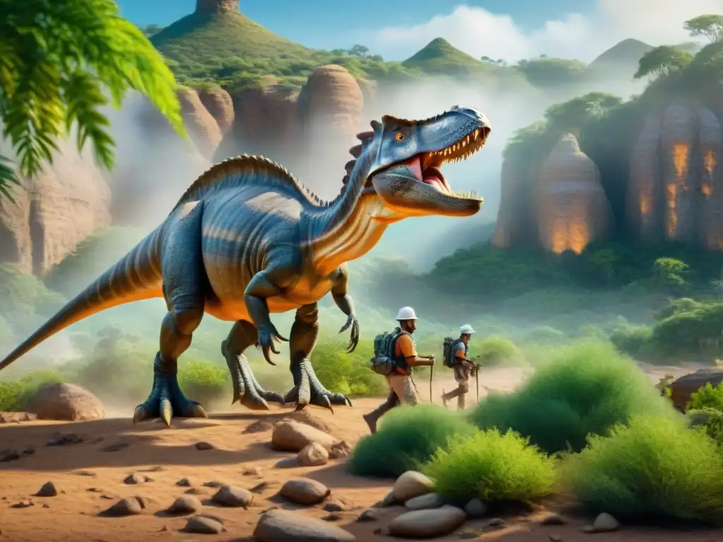 Equipo de paleontólogos reconstruyendo hábitat de dinosaurios Equipo de paleontólogos reconstruyendo hábitats de dinosaurios con tecnología avanzada, fósiles y datos en pantalla, en un entorno prehistórico