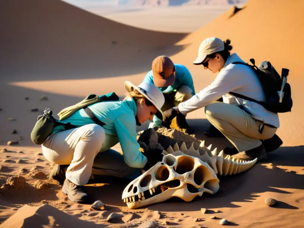 Excavación de fósiles: ciudadanos científicos descubren dinosaurios Un equipo diverso de científicos ciudadanos reportando hallazgos de dinosaurios en línea, excavando con cuidado en un paisaje desértico
