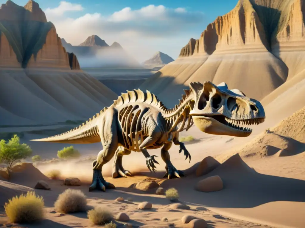 Excavación paleontológica en Badlands: descubriendo un dinosaurio Un equipo de paleontólogos excavando un esqueleto de dinosaurio en las áridas Badlands de Norteamérica