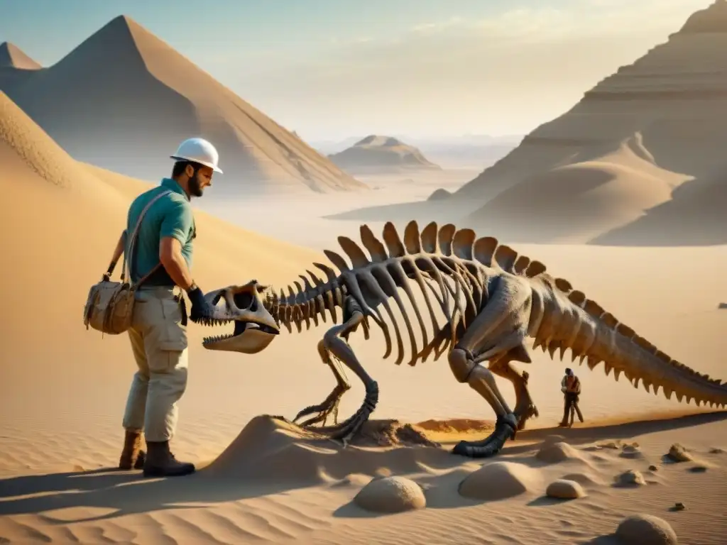 Un equipo de paleontólogos excava un esqueleto de dinosaurio en el desierto, mostrando experiencias únicas en exposiciones de dinosaurios