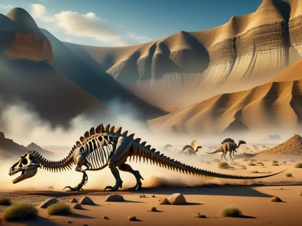 Un equipo de paleontólogos excava un esqueleto de dinosaurio en un desierto árido