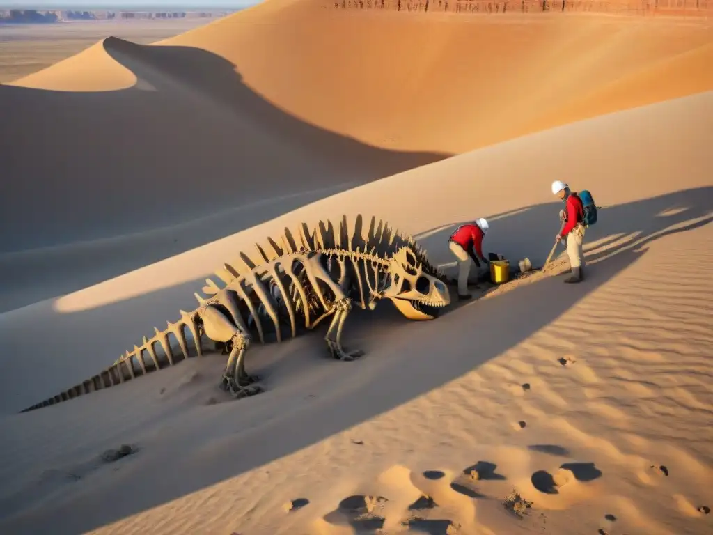 Excavación de dinosaurios: ciencia en el desierto Equipo de paleontólogos excavando un esqueleto de dinosaurio en un desierto remoto