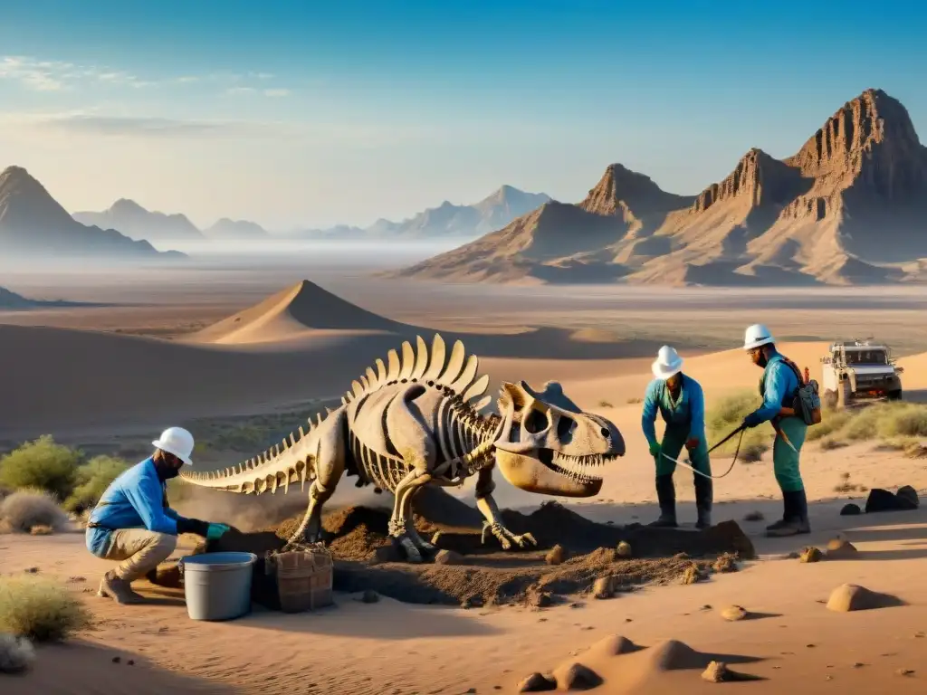 Excavación de dinosaurios: descubriendo tesoros en el desierto Un equipo de paleontólogos excava un esqueleto de dinosaurio en un desierto árido