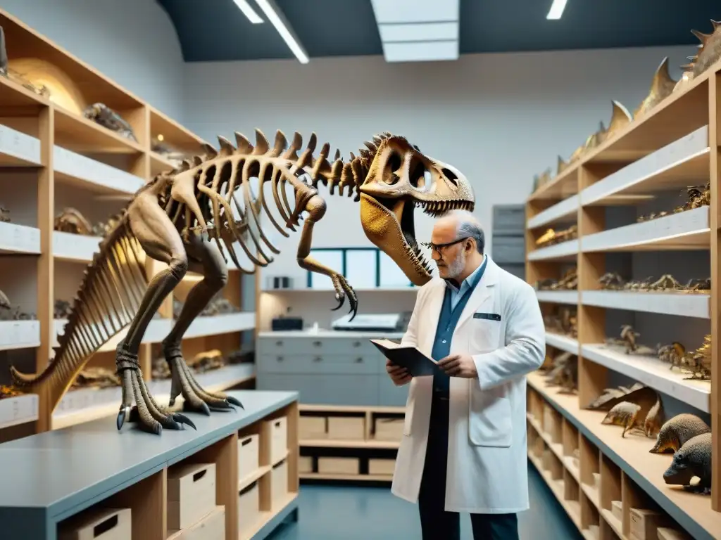 Paleontólogos examinando fósil de dinosaurio en laboratorio Un equipo de paleontólogos examina detalladamente un esqueleto de dinosaurio fosilizado en un laboratorio